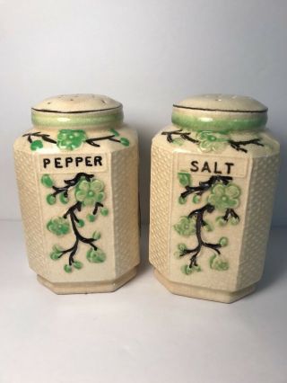 Vintage Kitchen Salt & Pepper Shakers Basketweave W/ Jadite Green Flowers Japan