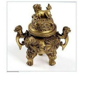 Chinese Brass Copper Carved Foo Dragon Censer Incense Burner