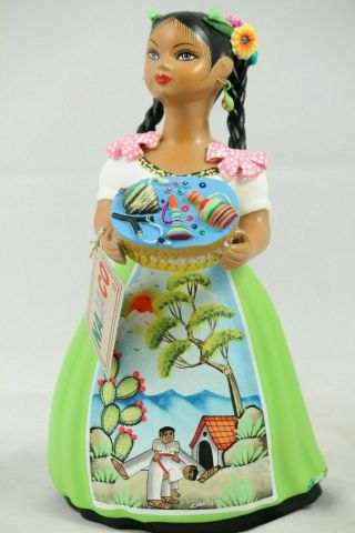 Lupita Najaco Ceramic Doll/figurine Mexico Folk Art Basket Toys Lime Green Clay