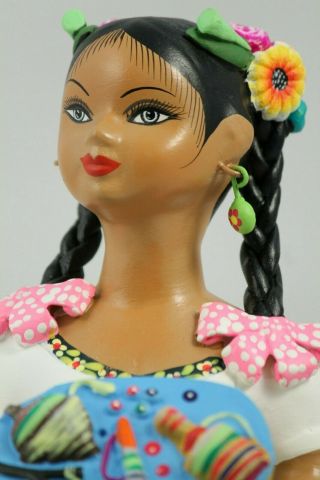 Lupita NAJACO Ceramic Doll/Figurine Mexico Folk Art Basket Toys Lime Green Clay 2