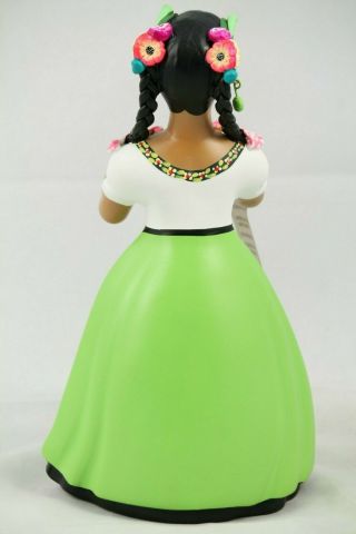 Lupita NAJACO Ceramic Doll/Figurine Mexico Folk Art Basket Toys Lime Green Clay 6