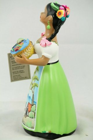 Lupita NAJACO Ceramic Doll/Figurine Mexico Folk Art Basket Toys Lime Green Clay 7