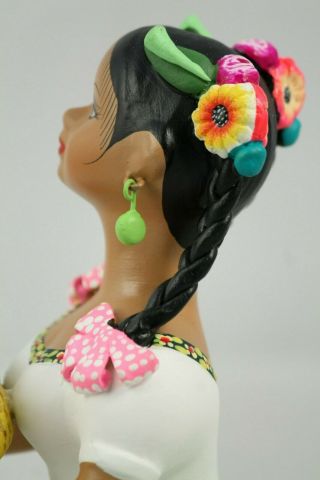 Lupita NAJACO Ceramic Doll/Figurine Mexico Folk Art Basket Toys Lime Green Clay 8