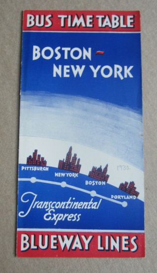Old Vintage C.  1930 - Blueway Lines - Boston York - Bus Time Table Brochure