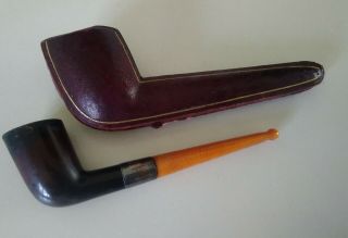 Vintage Tobacco Pipe Sterling Silver Band Amber Mouthpiece Stem Bit Leather Case