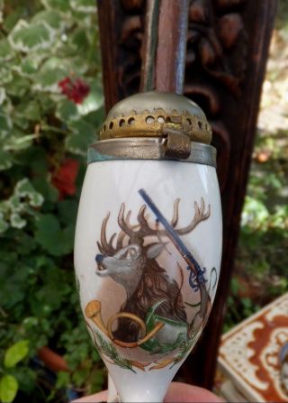 Antique Alpine Tyrolean Ceramic Tobacco Pipe Stag Gun Hunting Horn