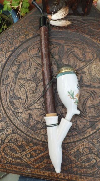 Antique Alpine Tyrolean Ceramic Tobacco Pipe Stag Gun Hunting Horn 2