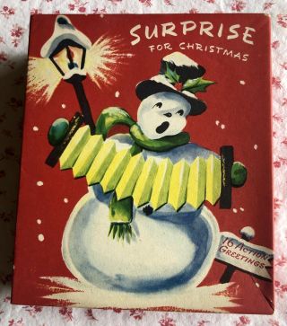 Vintage Mid Century Empty Christmas Card Box Snowman Top Hat Playing Accordion
