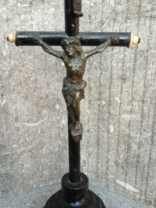 Antique Litle Turned Wood Bone Cross Crucifix Metal Jesus Corpus Altar Standing