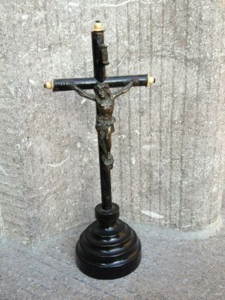 Antique Litle Turned Wood Bone Cross Crucifix Metal Jesus Corpus Altar Standing 2