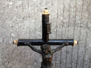 Antique Litle Turned Wood Bone Cross Crucifix Metal Jesus Corpus Altar Standing 4