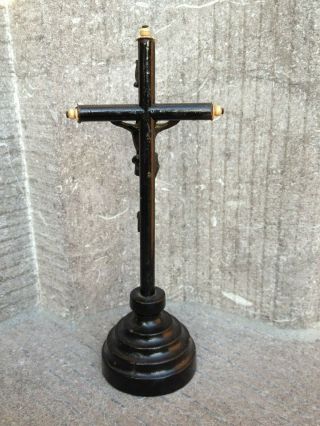Antique Litle Turned Wood Bone Cross Crucifix Metal Jesus Corpus Altar Standing 6