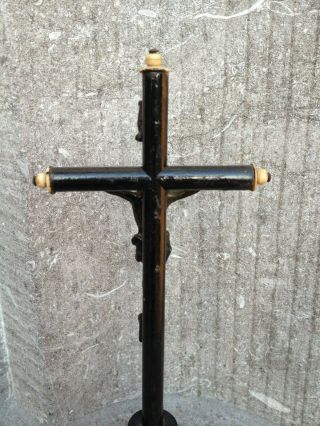 Antique Litle Turned Wood Bone Cross Crucifix Metal Jesus Corpus Altar Standing 7