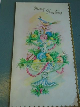 Vintage Christmas Card Embossed 2 Tier Bowls With Ornaments Greenery Bird Top