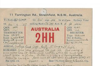 `1927 2hh Strathfield N.  S.  W.  Australia Qsl Radio Card