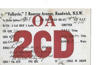 `1928 Oa2cd " Valkyrie " Randwick N.  S.  W.  Australia Qsl Radio Card