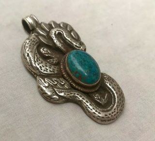 Tibetan - Style Pendant Silver Turquoise Dragon Carvings And Zodiac Animal