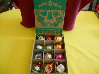 Vintage Shiny Brite Christmas Ornaments Box Of 12 Indented And Stripes