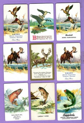 9 Single Swap Playing Cards Sweney Art Fish Moose Geese Deer Ads Vintage Signed
