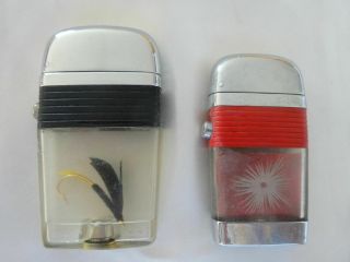 Vintage (2) Scripto Vu Lighters With Fishing Lure & Explosion ? Design 2 Sizes