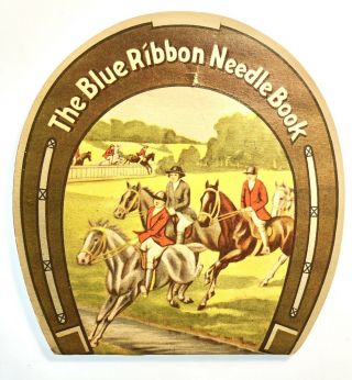 Vtg Blue Ribbon Needle Book English Equestrian Riders And Horses Sewing Needles