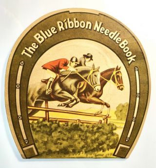 Vtg Blue Ribbon Needle Book English Equestrian Riders and Horses Sewing Needles 3
