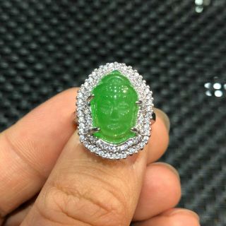 Chinese 925 Silver & Green Jadeite Jade Buddha Head Amulet Handwork No.  7 - 12 Ring