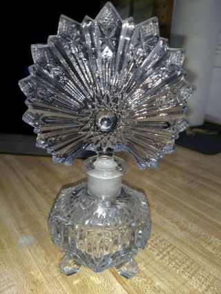 Vintage Ornate Clear Glass Crystal Perfume Bottle Fan Shape Stopper Art Deco