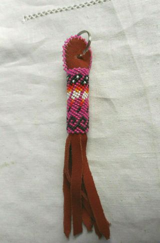 Navajo Indian Bead Work Key Chain Pink Leather Metal Ring 