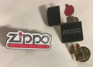 3 Zippo Lapel Pin,  Used: 2 - Stud Bobble - Flame; Shiny With Red Flame; Click Member