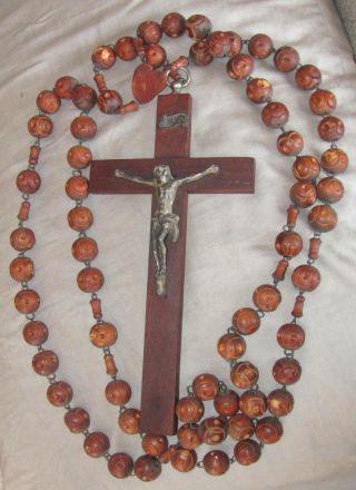 Estate Antique French Rosary Large Carved Wood Beads Priest Sacred Heart 55 "
