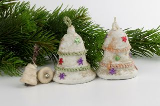 4 Vintage Spun Cotton,  Christmas Ornaments,  Bells,  Czechoslovakia