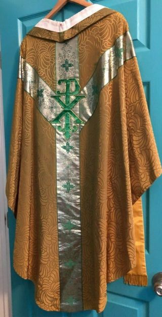 Gorgeous Vintage Catholic Priests Green Brocade & Gold Chasuble & Stole