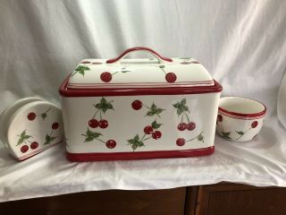 Cherry Ceramic Bread Box,  Cup And Napkin Holder.  1950’s Style—target Home