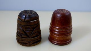 Vintage Set Of 2 Wooden Hand Turned Swirl Carved Thimbles Sewing Collectibles