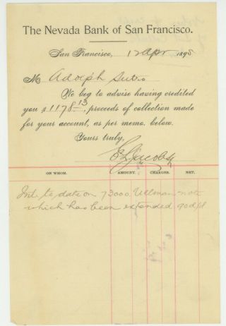 Note To Adolph Sutro 1895 From Nevada Bank Of San Francisco - Credit To Account