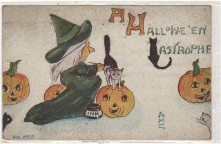 Halloween Post Card Of Witch Painting White Cats Black With Ink