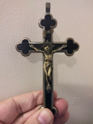 Antique Victorian Crucifix Pendant Nickel Plated Bronze Ebony Wood Inlay Good