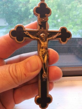 Antique Victorian Crucifix Pendant Nickel Plated Bronze Ebony Wood Inlay GOOD 2