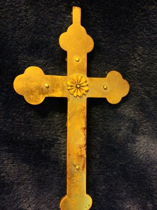 Antique Victorian Crucifix Pendant Nickel Plated Bronze Ebony Wood Inlay GOOD 3