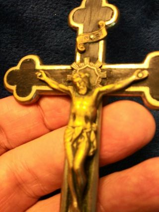 Antique Victorian Crucifix Pendant Nickel Plated Bronze Ebony Wood Inlay GOOD 4