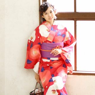 Japanese Ladies Kimono - Yukata Red White Obi Belt Set Of 2 Purple -