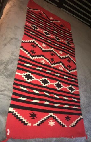 Navajo Granado Hand Weave Wool Rug 60” X 28 1/2” Red Black White Stripes