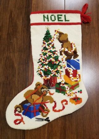 Vintage Wool Needlepoint Christmas Stocking Christmas Tree Bear W/red Backing