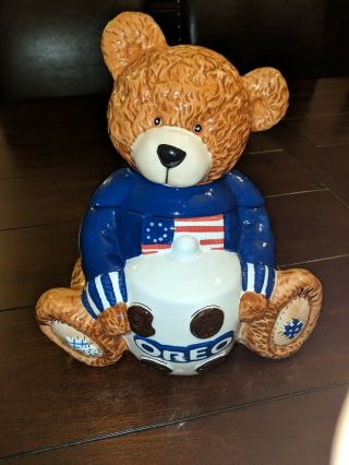 Ceramic " Oreo " Patriotic Teddy Bear Cookie Jar -