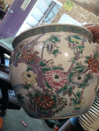 Antique Chinese Famille Porcelain 12 " Fishbowl Planter Vase - Cachepot - Crock