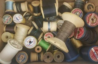 48 Vintage Wooden Spools With Silk Cotton Nylon Machine Thread