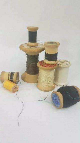 48 Vintage Wooden Spools With Silk Cotton Nylon Machine Thread 2