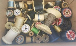48 Vintage Wooden Spools With Silk Cotton Nylon Machine Thread 3