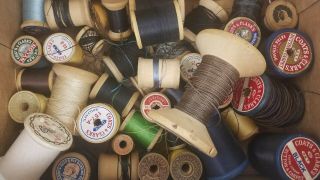 48 Vintage Wooden Spools With Silk Cotton Nylon Machine Thread 4